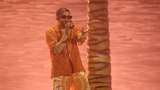 Bad Bunny performs during a concert.